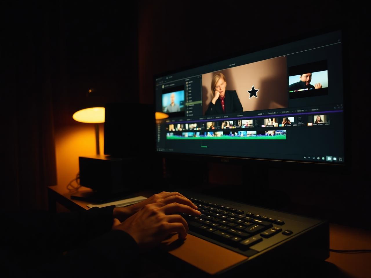 Video editor's timeline on a glowing monitor